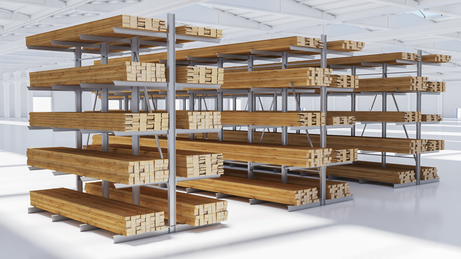 SINGER-Regale_3er-Bild_Konfiguration06_Ansicht1_v005 3 Regalreihen aus doppelseitigen Kragarmregalen