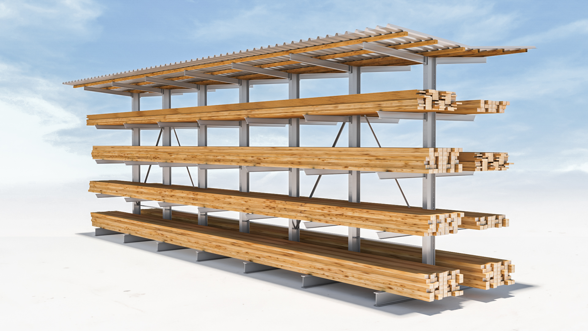 SINGER_Kragarmregal_7-3_Doppelseitig_Dach_Ansicht5_v002 Kragarmregal doppelseitig feuerverzinkt 7 Ständer mit Dach, 4 Lagerebenen feuerverzinkt