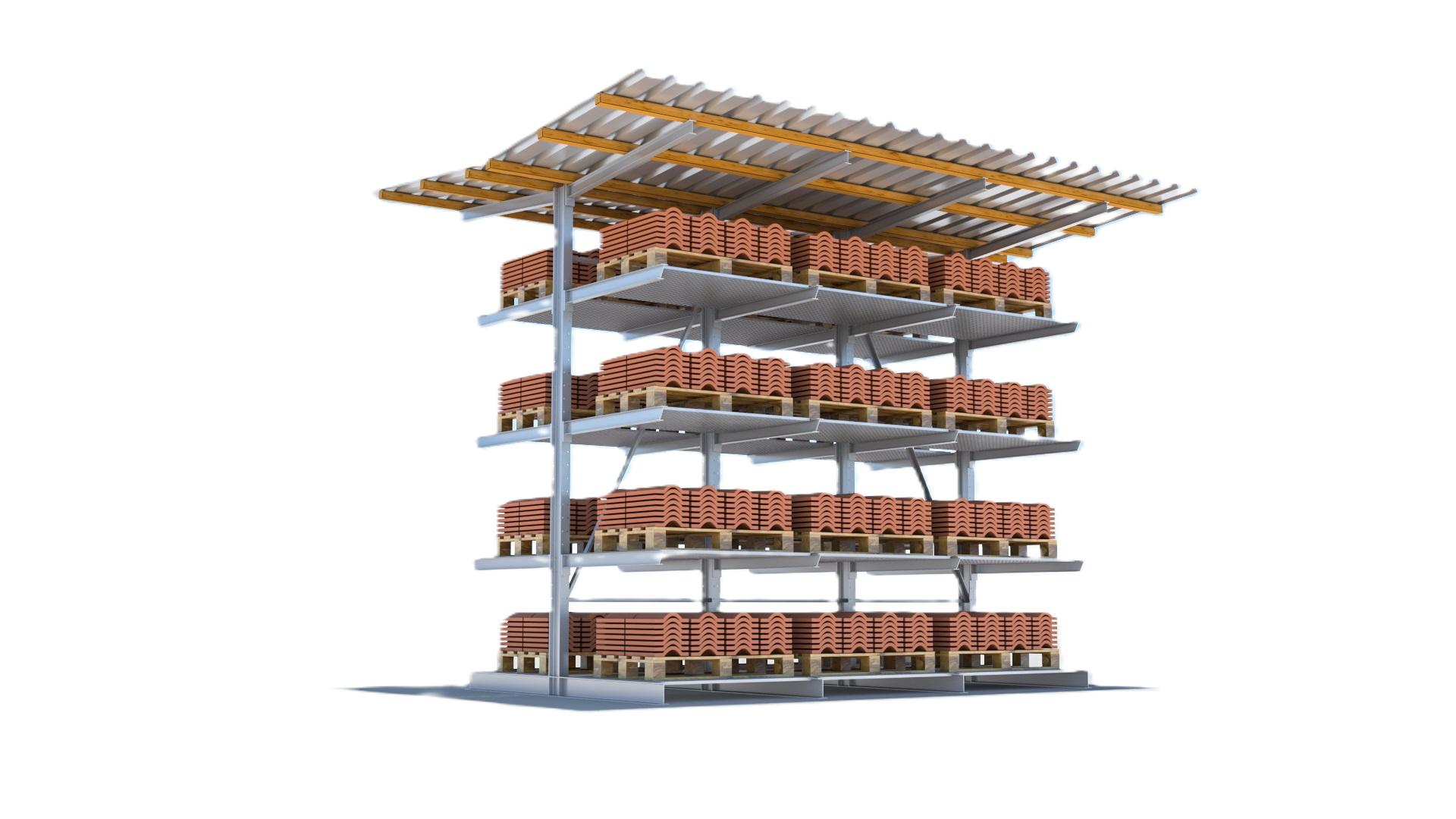 Kragarmregal doppelseitig mit Dach und Gitterroste freigestellt