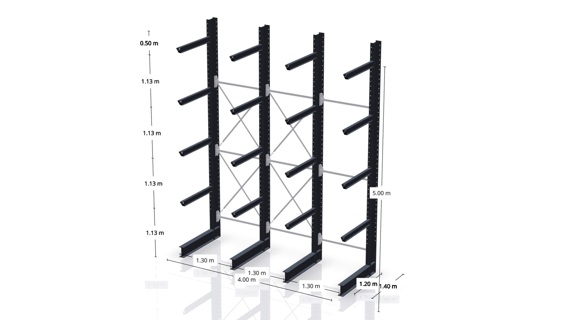 Kragarmregal lackiert, gebraucht mit Höhe 5.000 mm mit 4 Kragarme